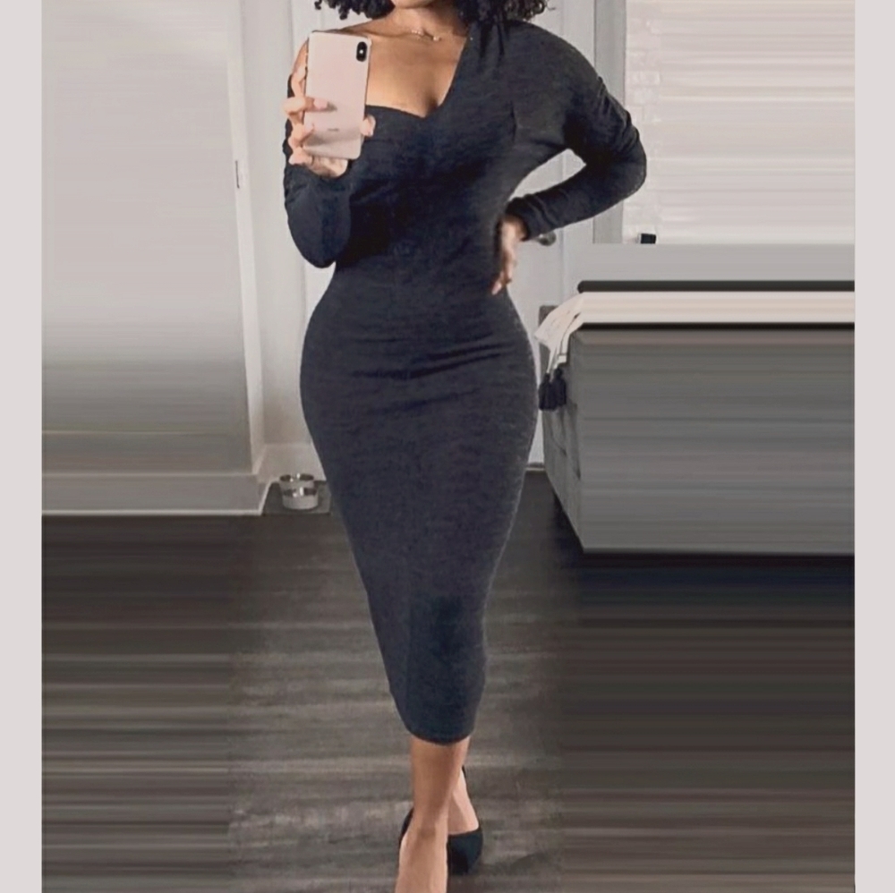 Gray Ribbed One Shoulder Bodycon Dress